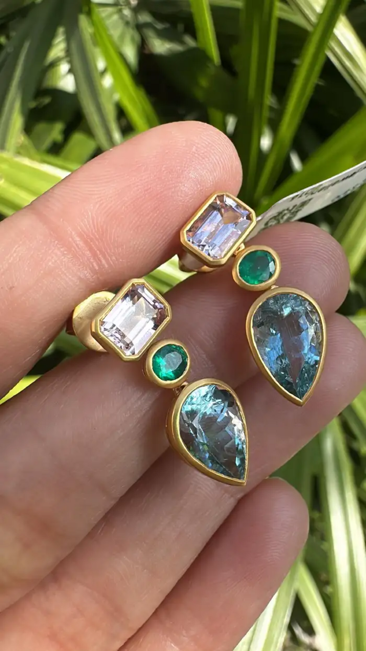 18K Yellow Matte Gold, Aquamarine, Emerald & Morganite Dangle Earring