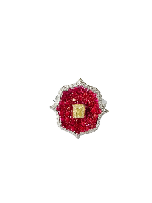 Natural Ruby & Yellow Diamond Ring - 18k White Gold Diamond Stackable Wedding Ring