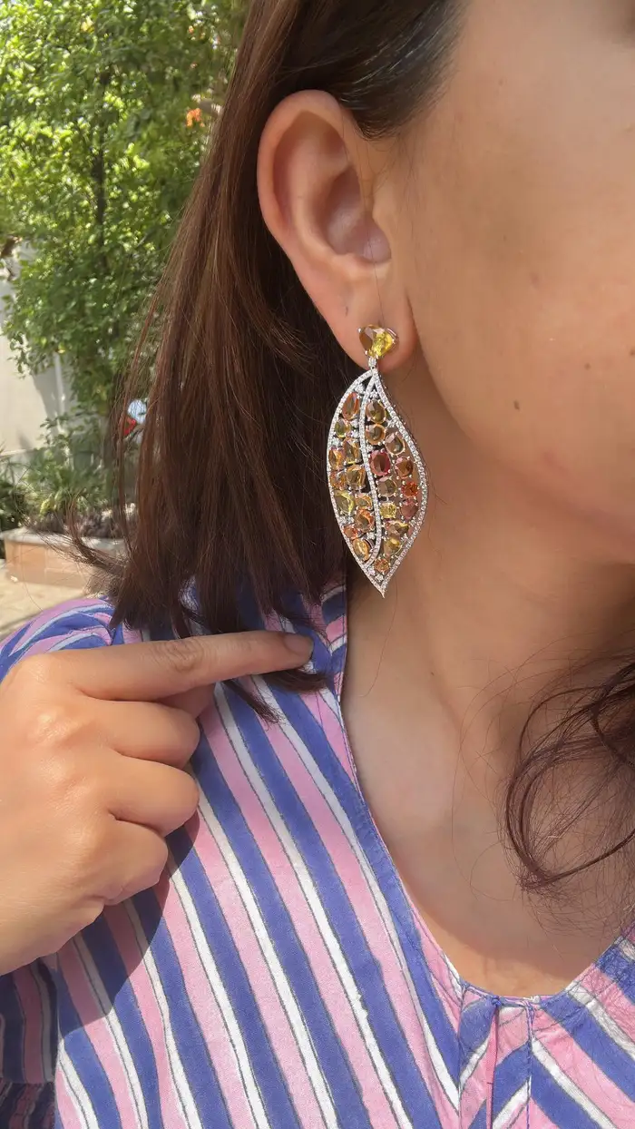 18k White Gold Diamond Dangle Earrings - Natural Yellow Sapphire Gemstone Women Earrings