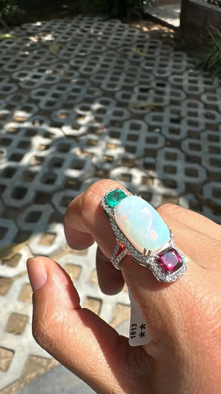 0.84 Ct. Round Cut Diamond 18k White Gold Wedding Ring Natural Ethiopian Opal, Zambian Emerald & Rubellite Gemstone Jewelry Gift