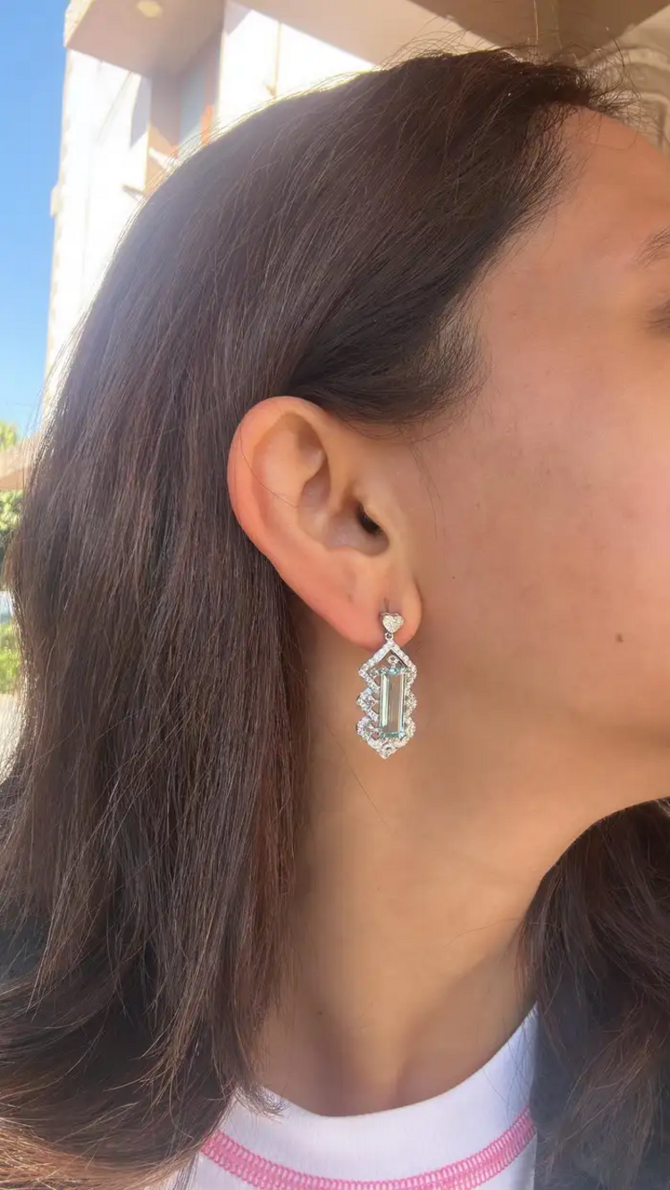 5.26 Ct. Aquamarine Dangle Earrings - Handmade 18k White Gold Heart Shape Diamond Earrings