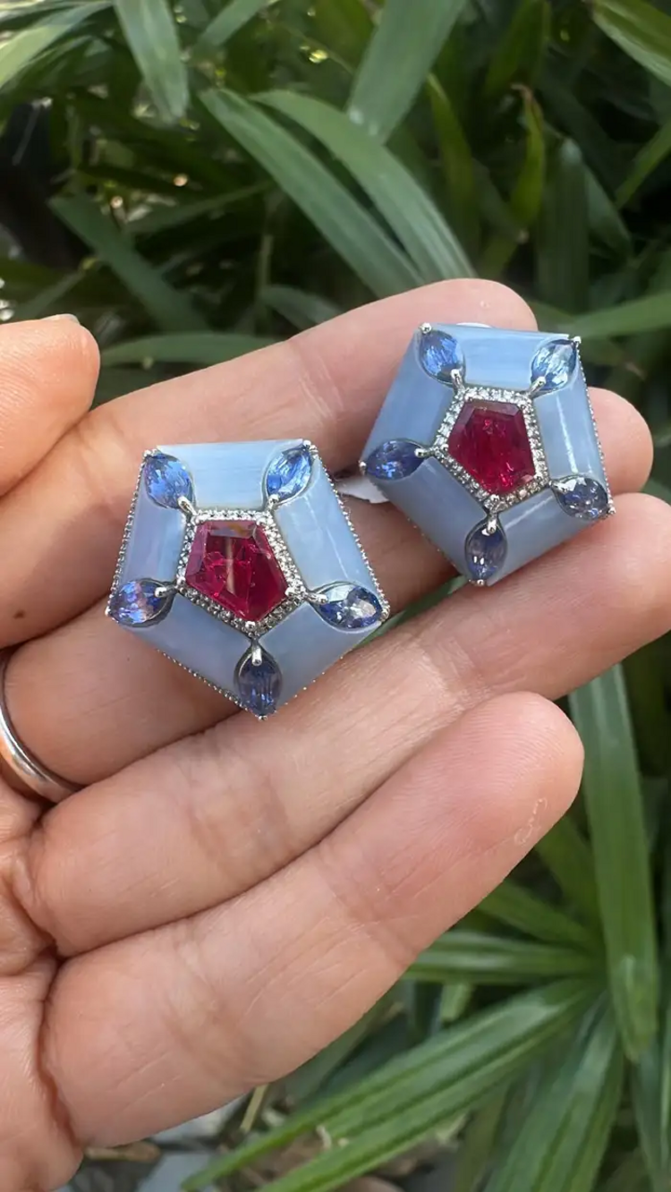 Natural Mozambique Ruby & Blue Opal Stud Earrings - 18k White Gold, Blue Sapphire & Diamond Earrings