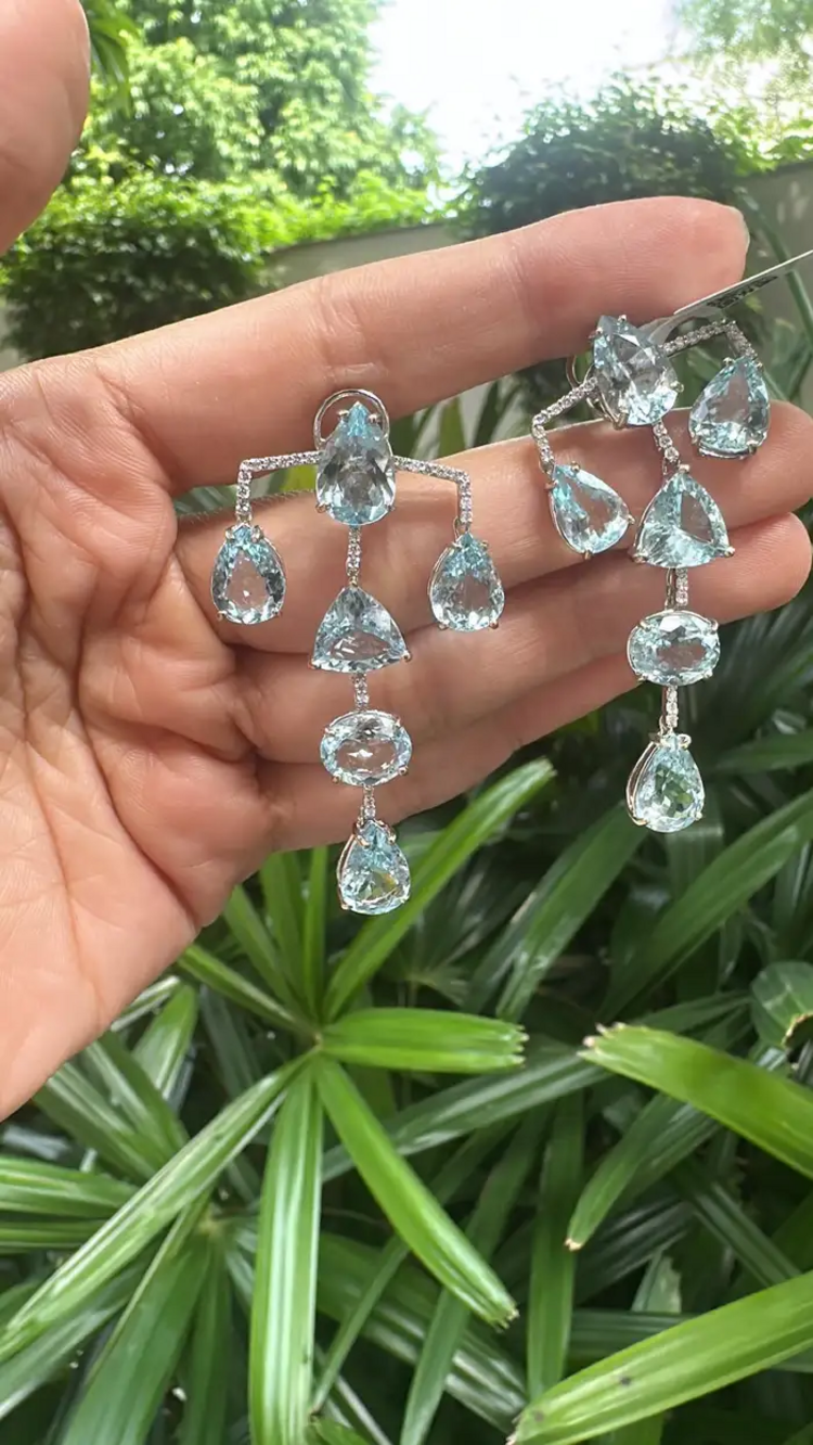 Aquamarine Gemstone Dangle Earrings - 18k White Gold Diamond Chandelier Earrings