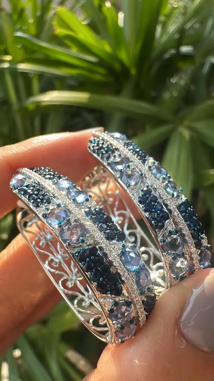 18k White Gold Diamond Hoop Earrings - Natural 5.69 Ct. Blue Sapphire Earrings
