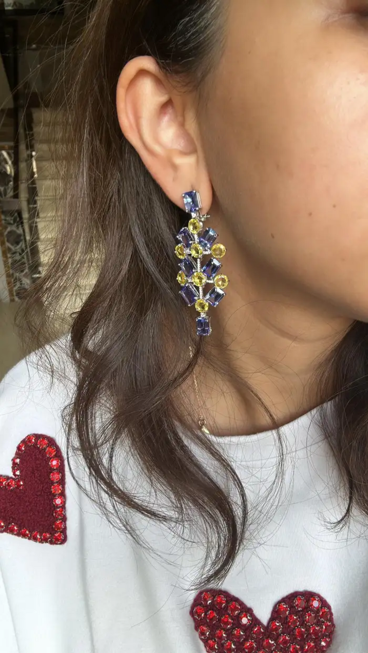 Natural Tanzanite & Yellow Sapphire Dangle Earrings - 18k White Gold Diamond Chandelier Earrings