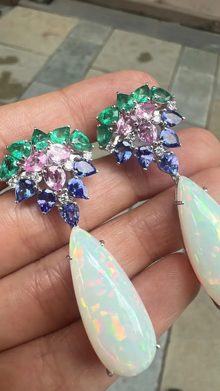 18k White Gold Diamond Dangle Earrings - Natural Zambian Emerald, Ethiopian Opal, Tanzanite & Pink Sapphire Earrings