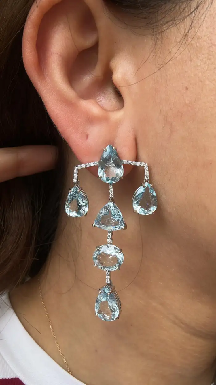 Aquamarine Gemstone Dangle Earrings - 18k White Gold Diamond Chandelier Earrings
