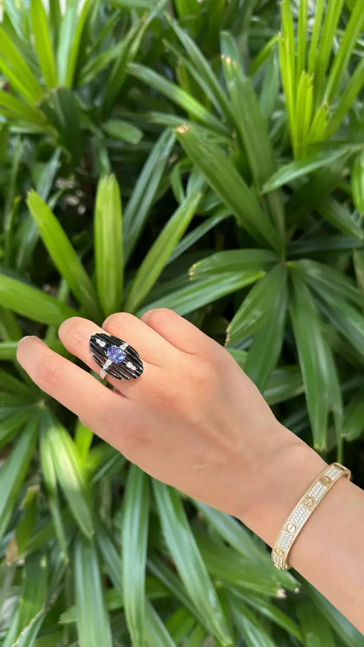 Black Onyx & Tanzanite Gemstone Ring - 18k White Gold Diamond Cocktail Ring
