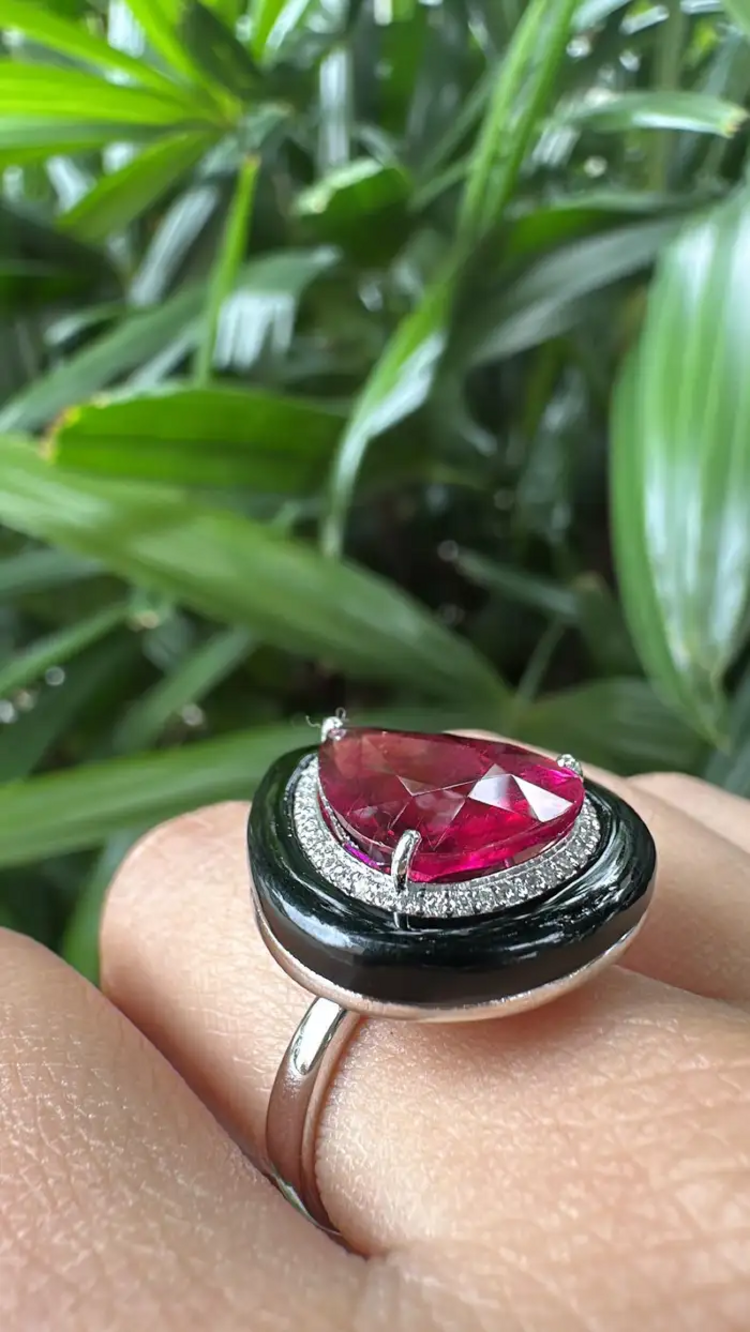18k White Gold Diamond Cocktail Ring - Natural Rubellite & Black Onyx Ring