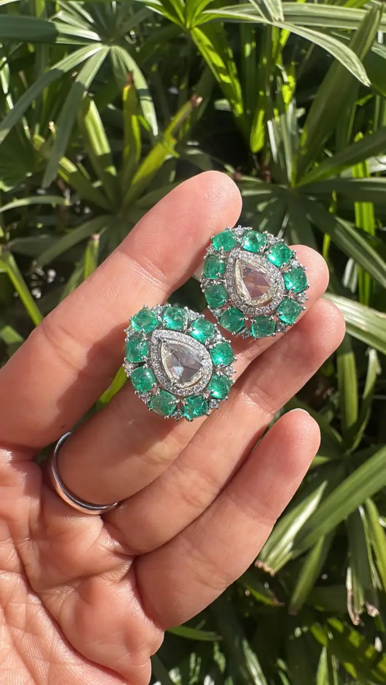 Colombian Emerald Sugarloaf & Rose Cut Diamond Stud Earrings - 18k White Gold Handmade Tiny Earrings