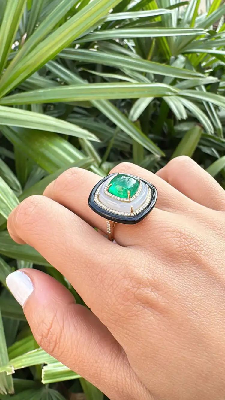 18K Yellow Gold Emerald Ring with Chalcedony, Black Onyx & Diamond Accents – Luxury Statement Jewelry