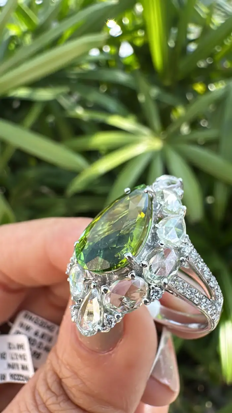Natural Tourmaline & White Sapphire Ring - 18k White Gold Diamond Handmade Ring