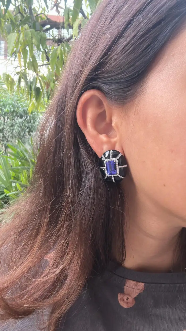 9.24 Ct. Natural Tanzanite Stud Earrings - 18k White Gold Handmade Earrings - Gold Diamond Women Earrings - Black Onyx Earrings