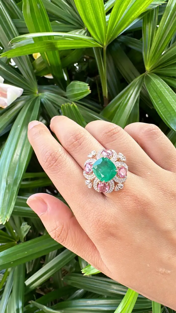 Natural Zambian Emerald & Ceylon Pink Sapphire Ring - 18k Rose Gold Diamond Wedding Ring