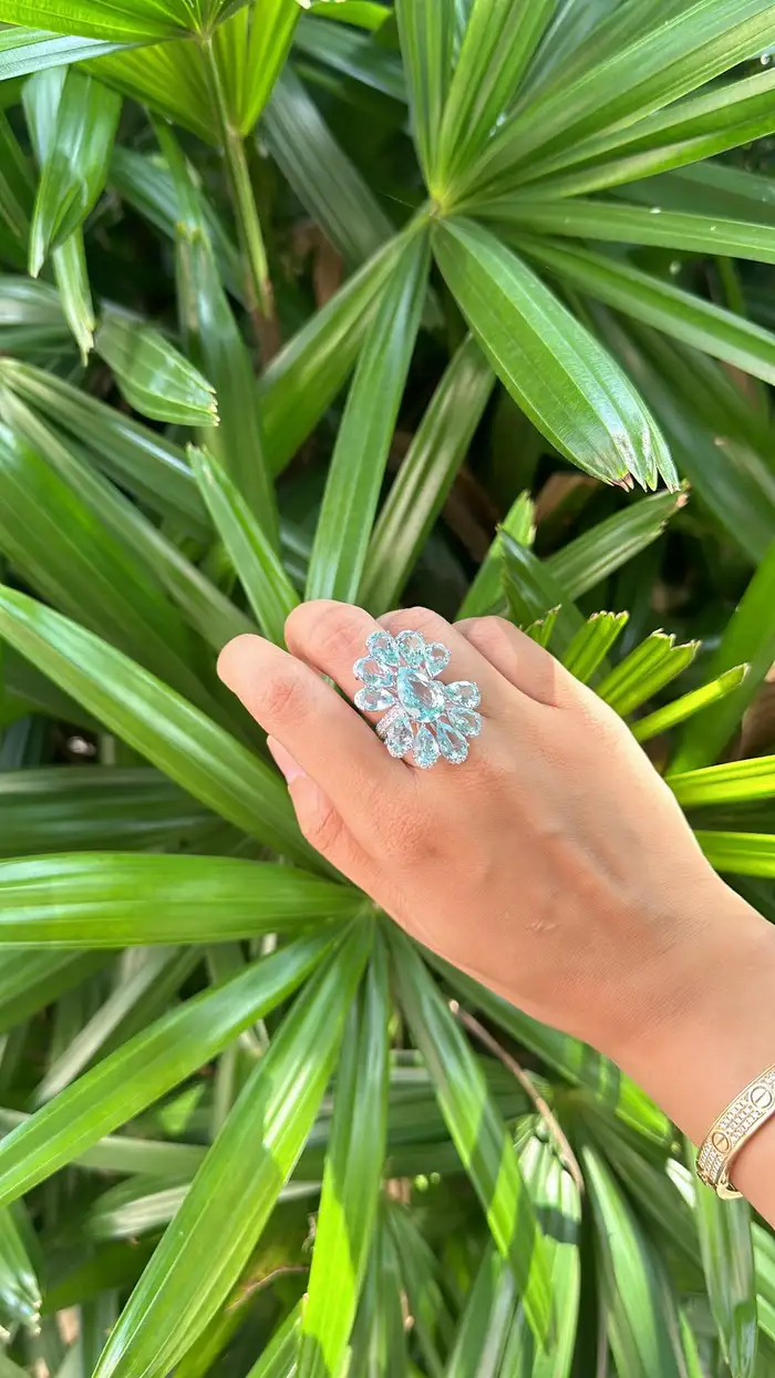 Set in 18K White Gold, 16.20 carats Aquamarine & Diamond oversized Cocktail Ring
