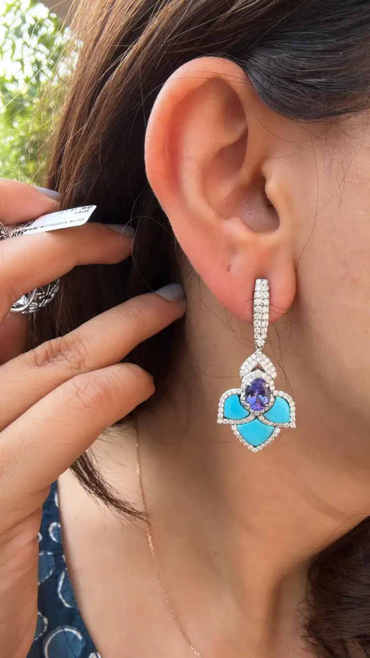 18k White Gold Turquoise & Tanzanite Dangle Earrings - Natural Diamond Earrings