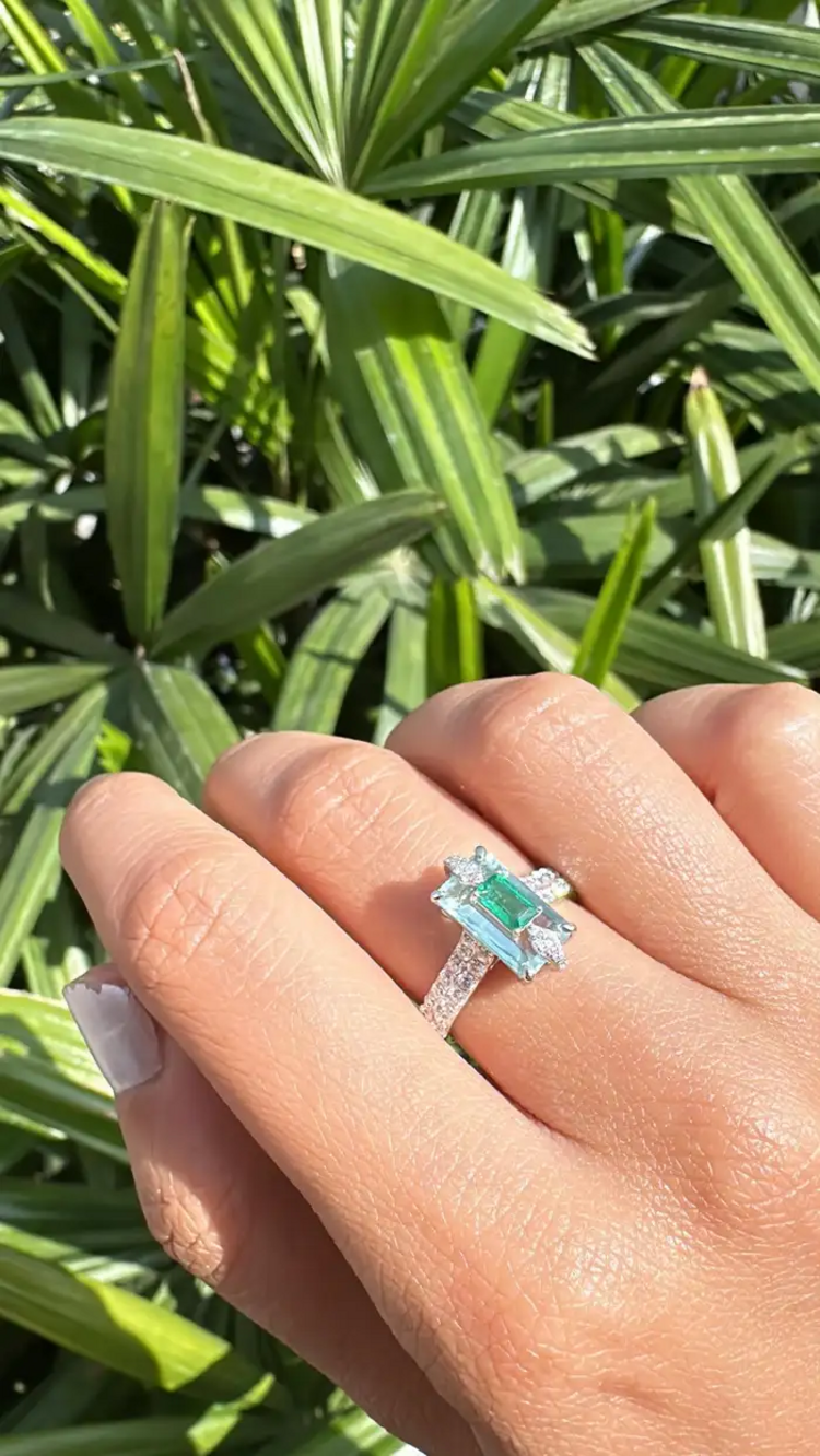 Natural Aquamarine & Zambian Emerald Engagement Ring - 18k White Gold Handmade Ring