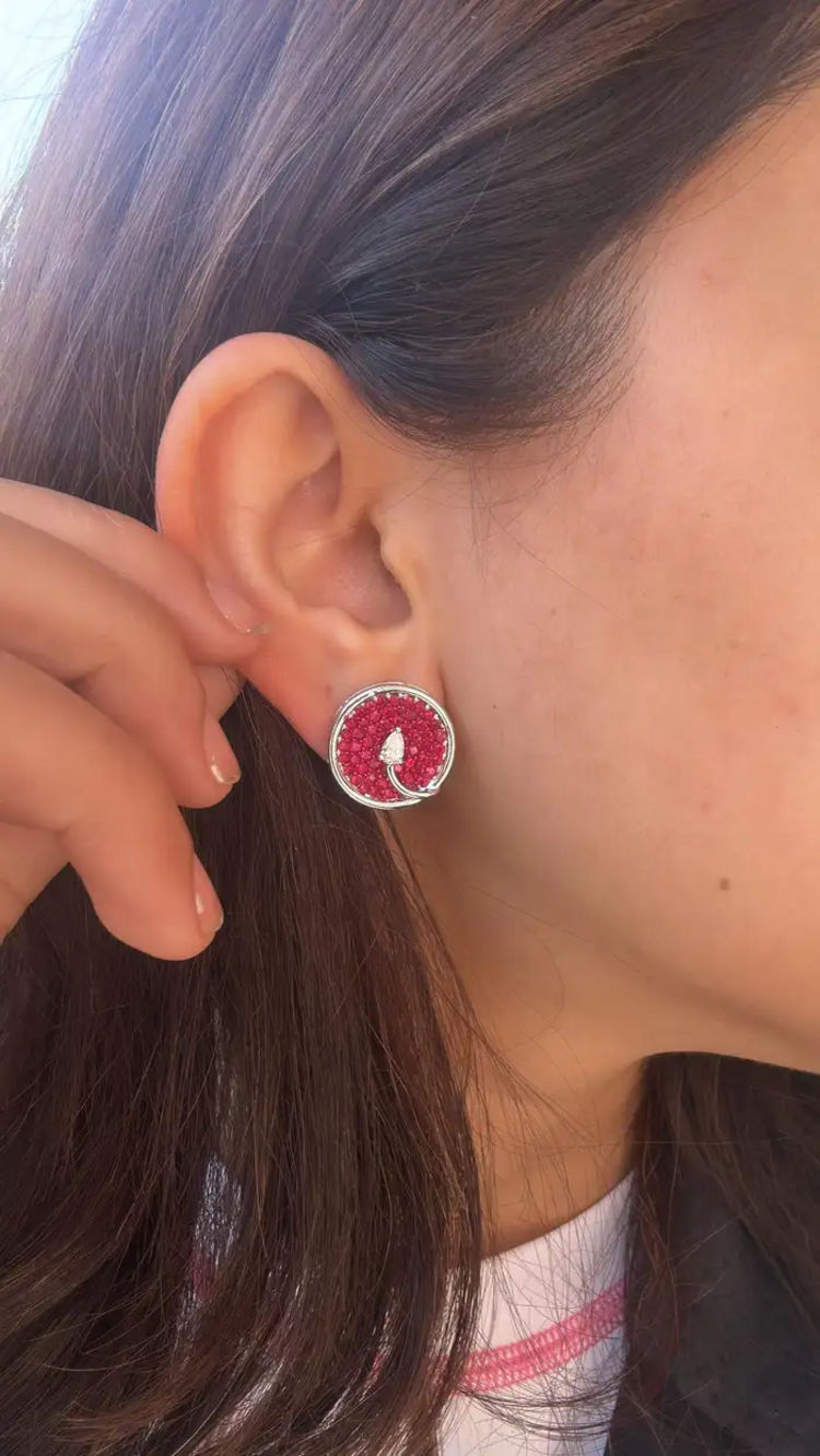 Natural Ruby Gemstone Round Stud Earrings - 18k White Gold Diamond Tiny Earrings