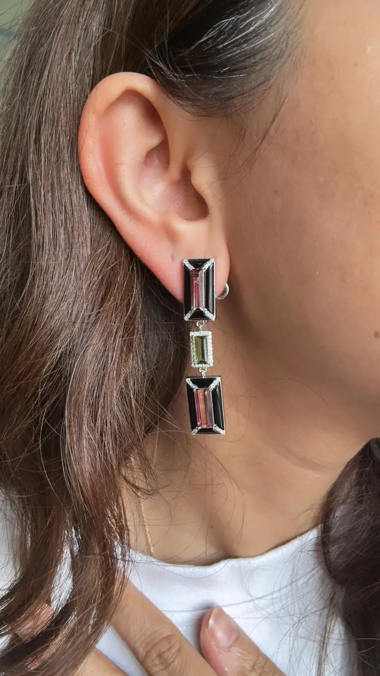 18k White Gold Diamond Dangle Earrings - Natural Tourmaline & Black Onyx Dangle Earrings