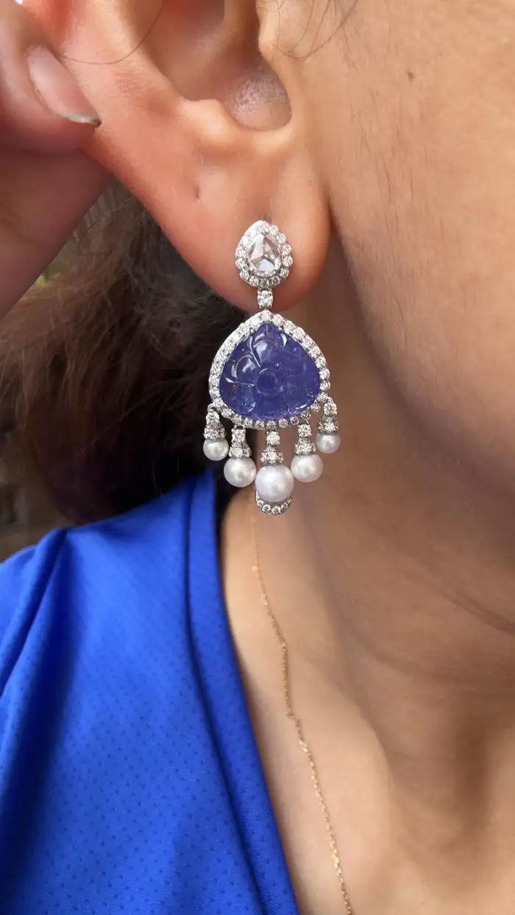 18k White Gold Diamond Dangle Earrings - Natural Tanzanite & Freshwater Pearl Earrings