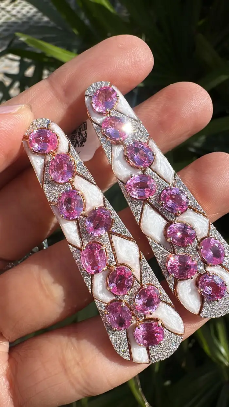 18k Rose Gold Diamond Dangle Earrings - Natural Ceylon Pink Sapphire & White Enamel Women Earrings