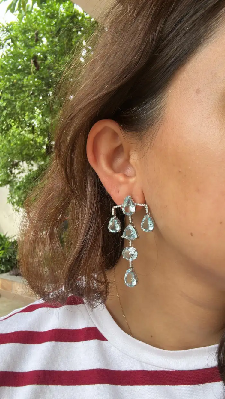 Aquamarine Gemstone Dangle Earrings - 18k White Gold Diamond Chandelier Earrings