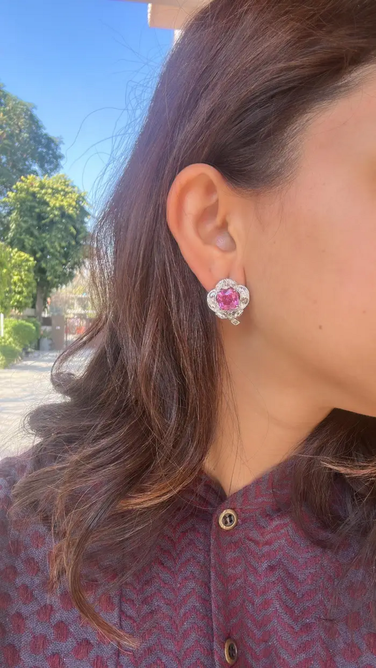Natural Rubellite & Rose Cut Diamond Stud Earrings Made in 18k White Gold