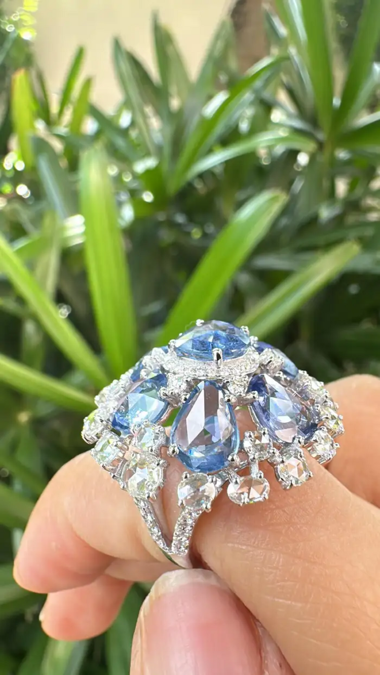 Natural Blue Sapphire & Rose Cut Diamonds Cocktail Ring - Handmade 18k White Gold Ring