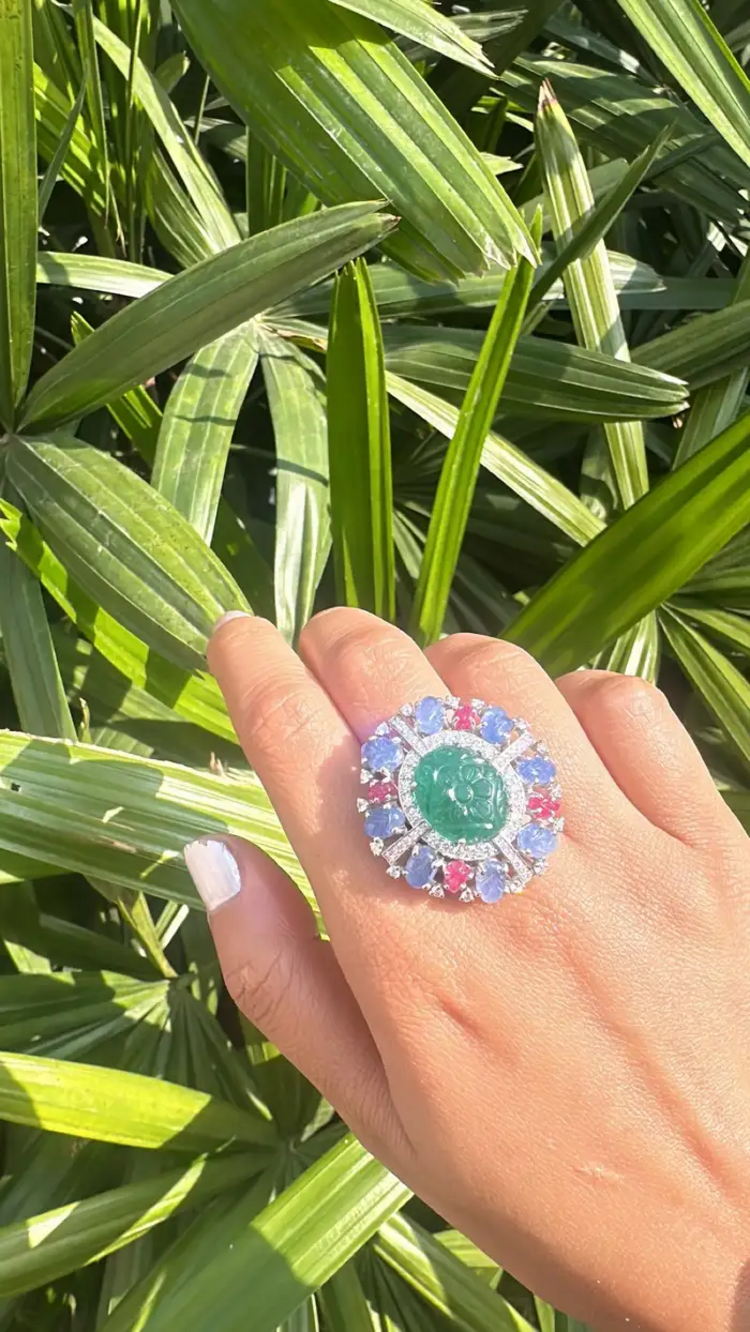 18k White Gold Handmade Cocktail Ring - Carved Emerald, Blue Sapphire & Ruby Statement Ring - Gold Diamond Women Ring