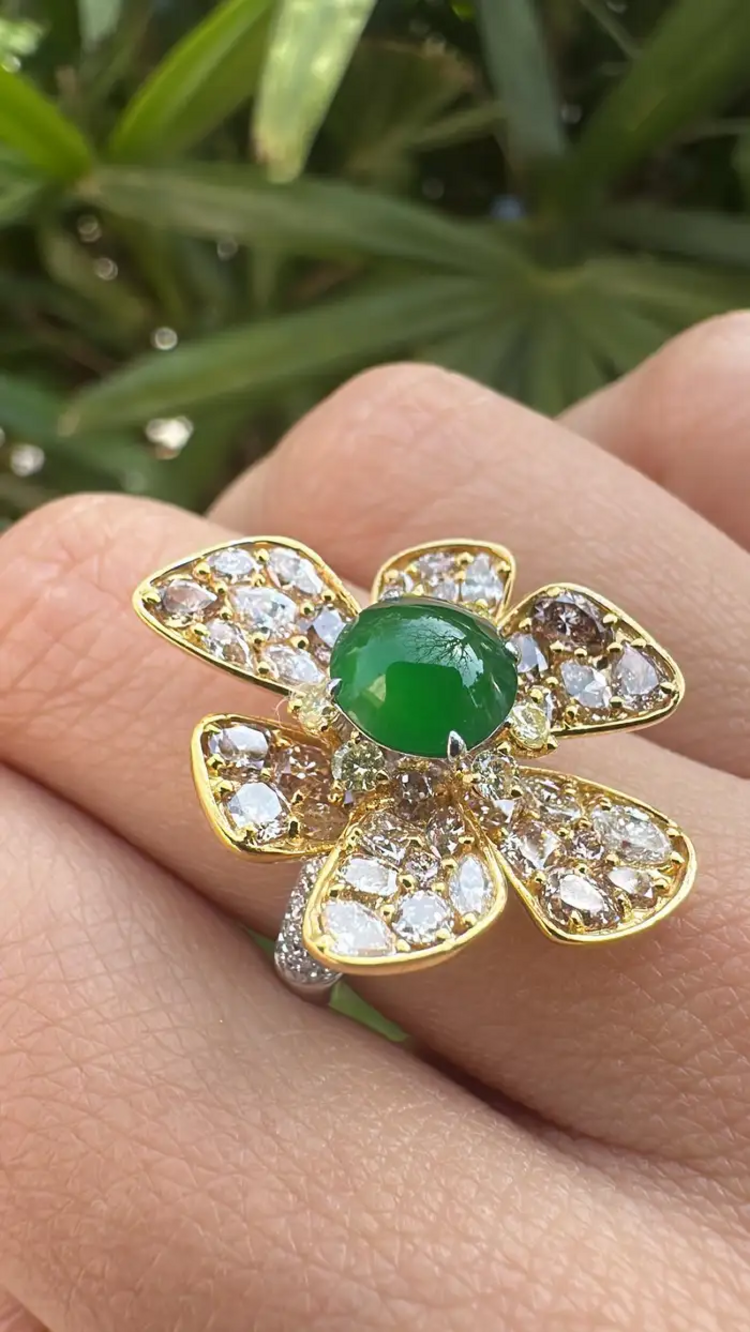 18k Yellow Gold Handmade Diamond Ring - Natural Jade Gemstone Engagement Ring