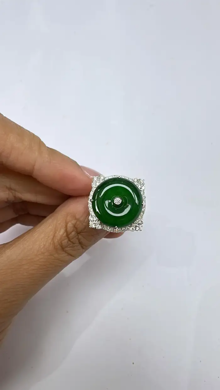 Jadeite Jade & Diamonds Engagement Ring - 18k White Gold Diamond Ring