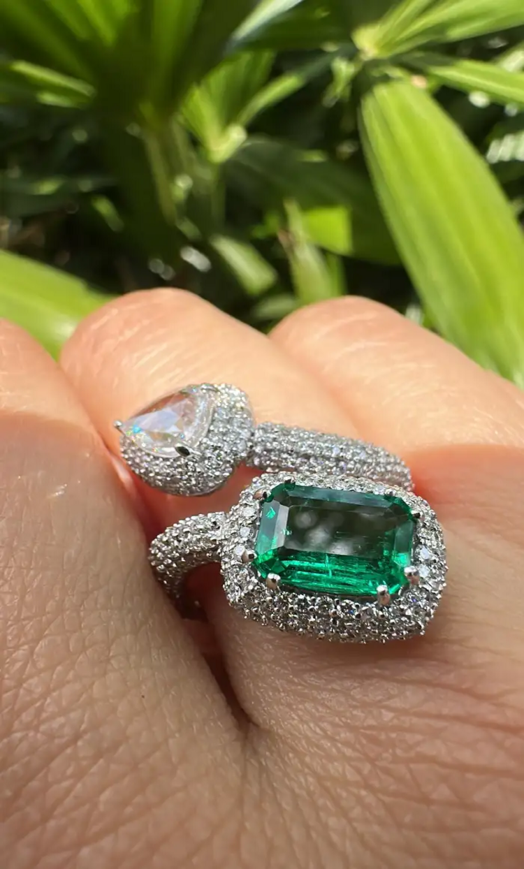 Zambian Emerald & Rose Cut Diamond Ring - 18k White Gold Handmade Wedding Ring