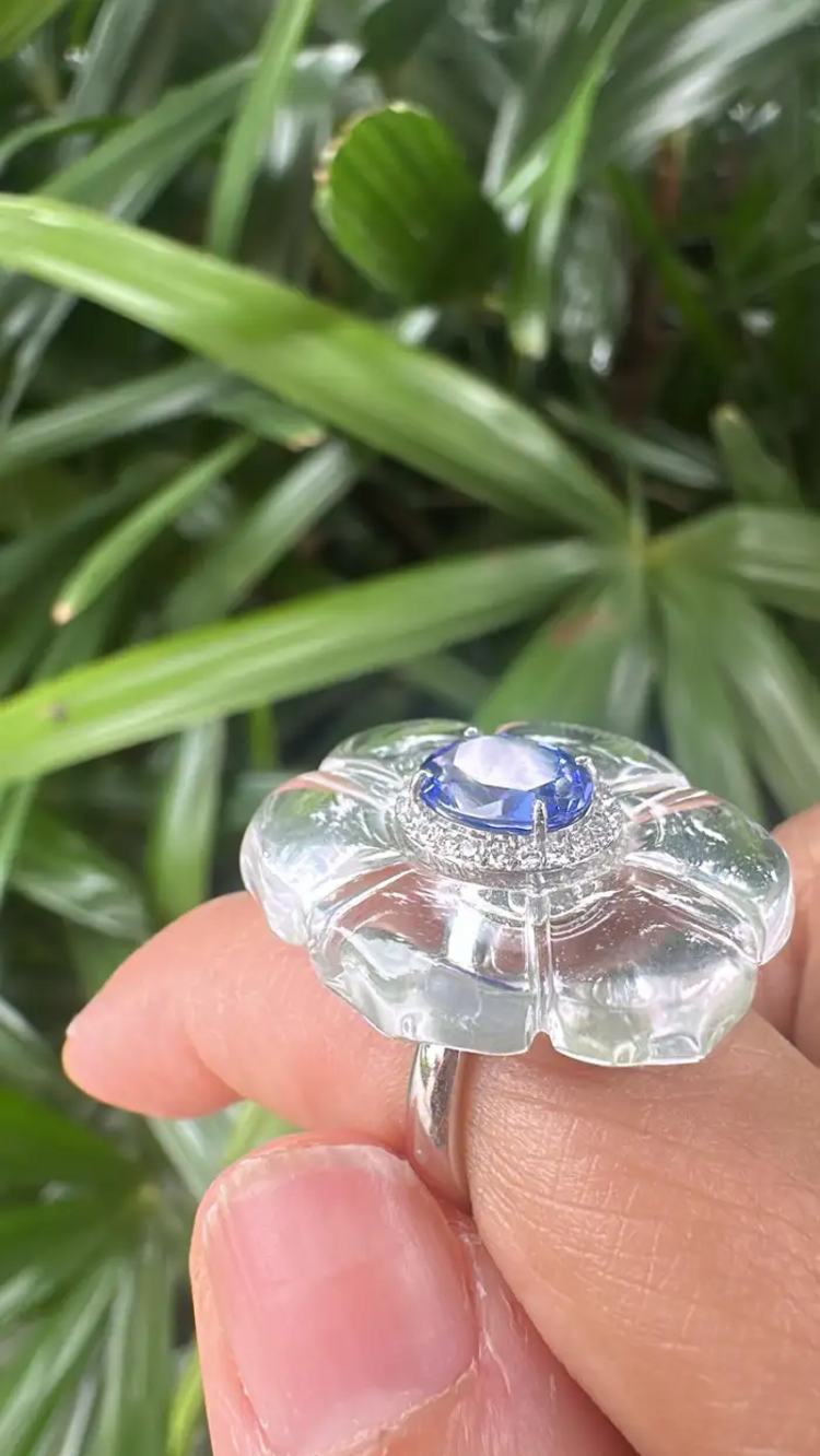 18k White Gold Diamond Cocktail Ring - Natural Tanzanite & Crystal Ring