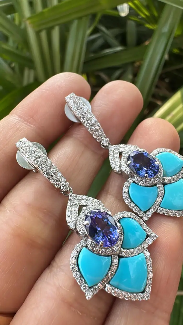 18k White Gold Turquoise & Tanzanite Dangle Earrings - Natural Diamond Earrings