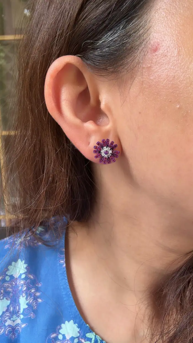 Natural Mozambique Ruby & Diamonds Stud Earrings - 18k Gold Purple Rhodium Tiny Stud Earrings