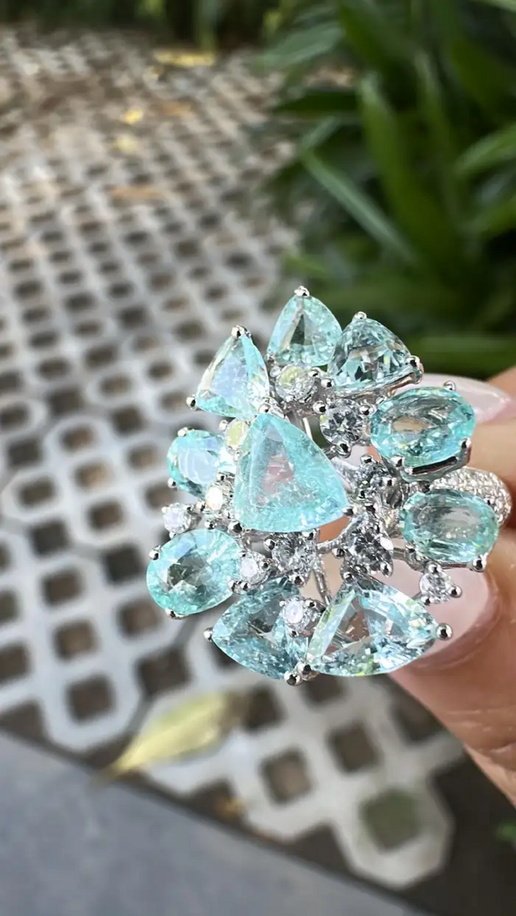 18k White Gold Diamond Wedding Ring - Natural Paraiba Gemstone Ring