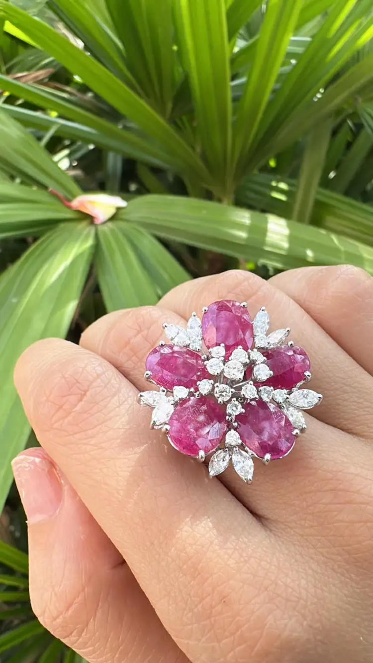 Natural Mozambique Ruby & Diamond Statement Ring - 18k White Gold Handmade Cocktail Ring