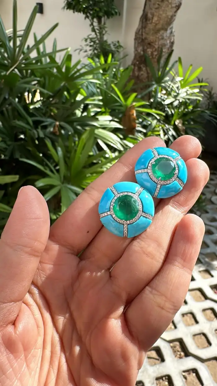 18k White Round Zambian Emerald Stud Earrings - Turquoise Gemstone & Diamond Women Jewelry