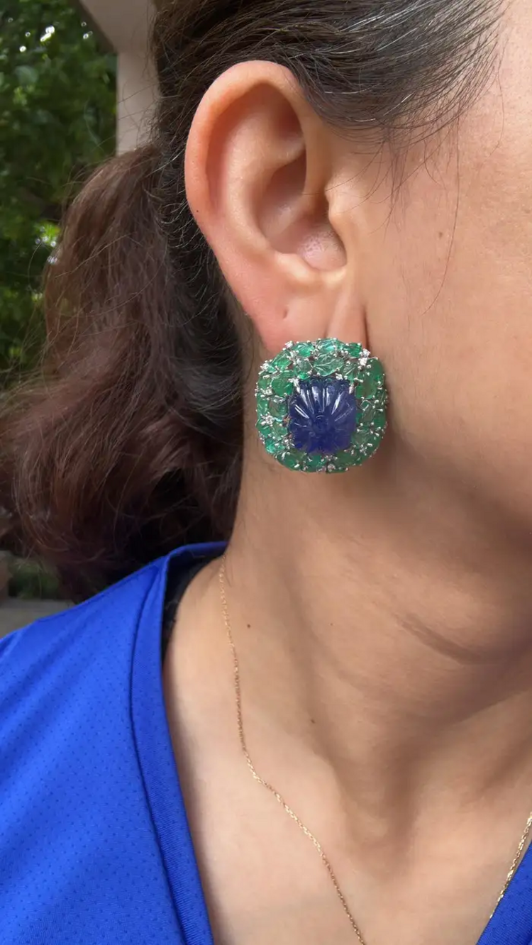 18k White Gold Diamond Stud Earrings - Hand Carved Tanzanite & Zambian Emerald Earrings