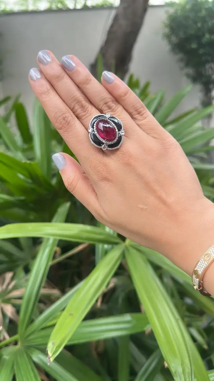 Natural Tourmaline & Black Onyx Cocktail Ring - 18k White Gold Diamond Handmade Ring