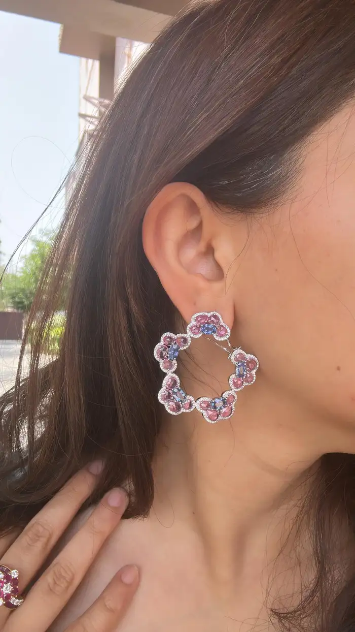 Natural Ceylon Blue & Pink Sapphire Gemstone Hoop Earrings - 18k White Gold Diamond Women Earrings