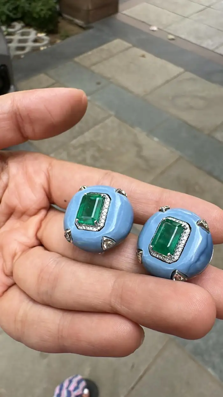 Natural Zambian Emerald & Blue Opal Stud Earrings - 18k White Gold Diamond Earrings