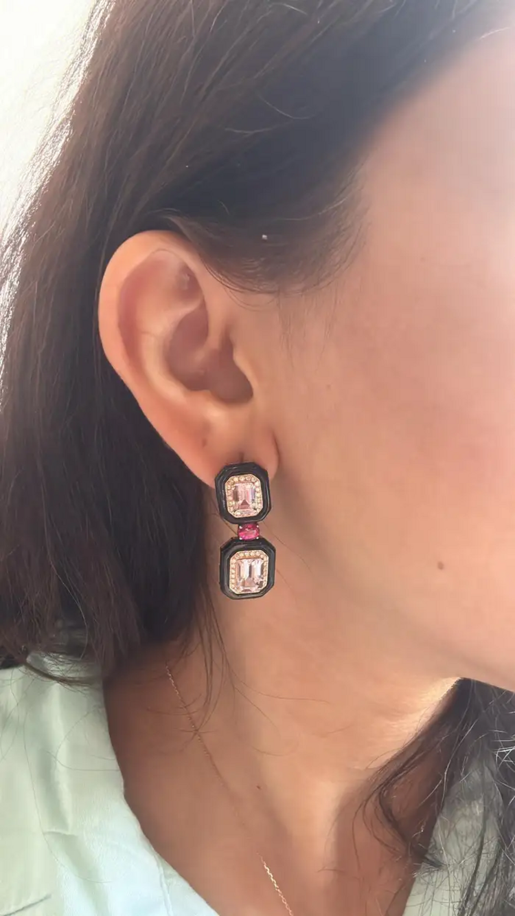 4.79 Ct. Morganite Gemstone Dangle Earrings - Solid 18k Rose Gold Diamond Wedding Earring - Natural Ruby Gemstone & Black Onyx Women Jewelry