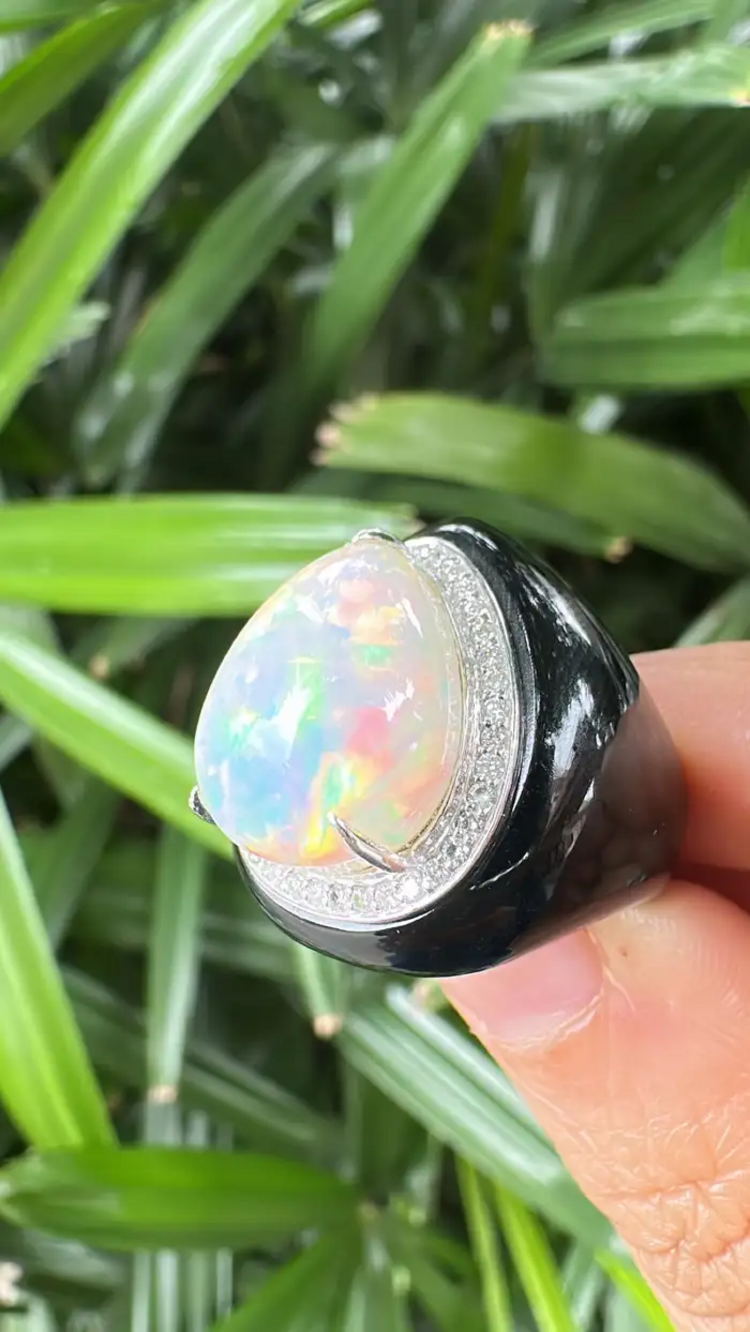 18k White Gold Diamond Ring - Natural Black Onyx & Ethiopian Opal Art Deco Style Ring