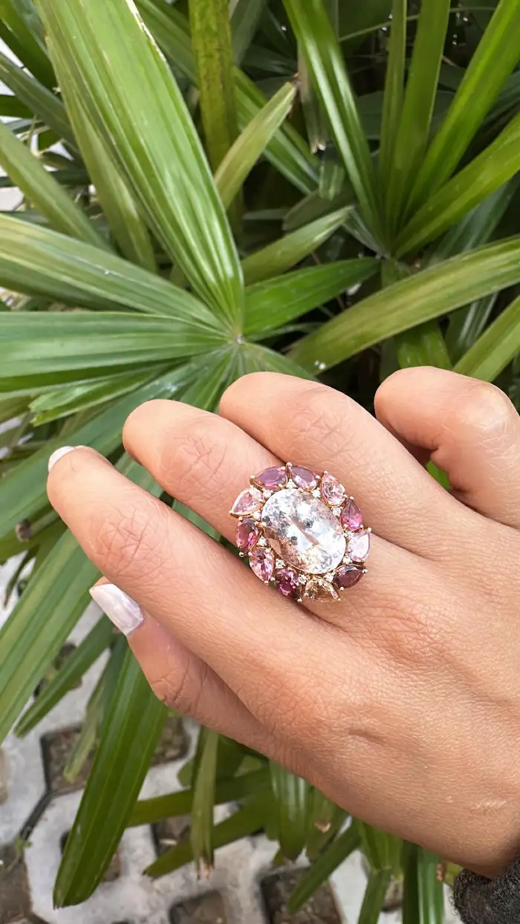 8.47 Ct. Morganite & Tourmaline Gemstone Cocktail Ring - 18k Yellow Gold Diamond Ring