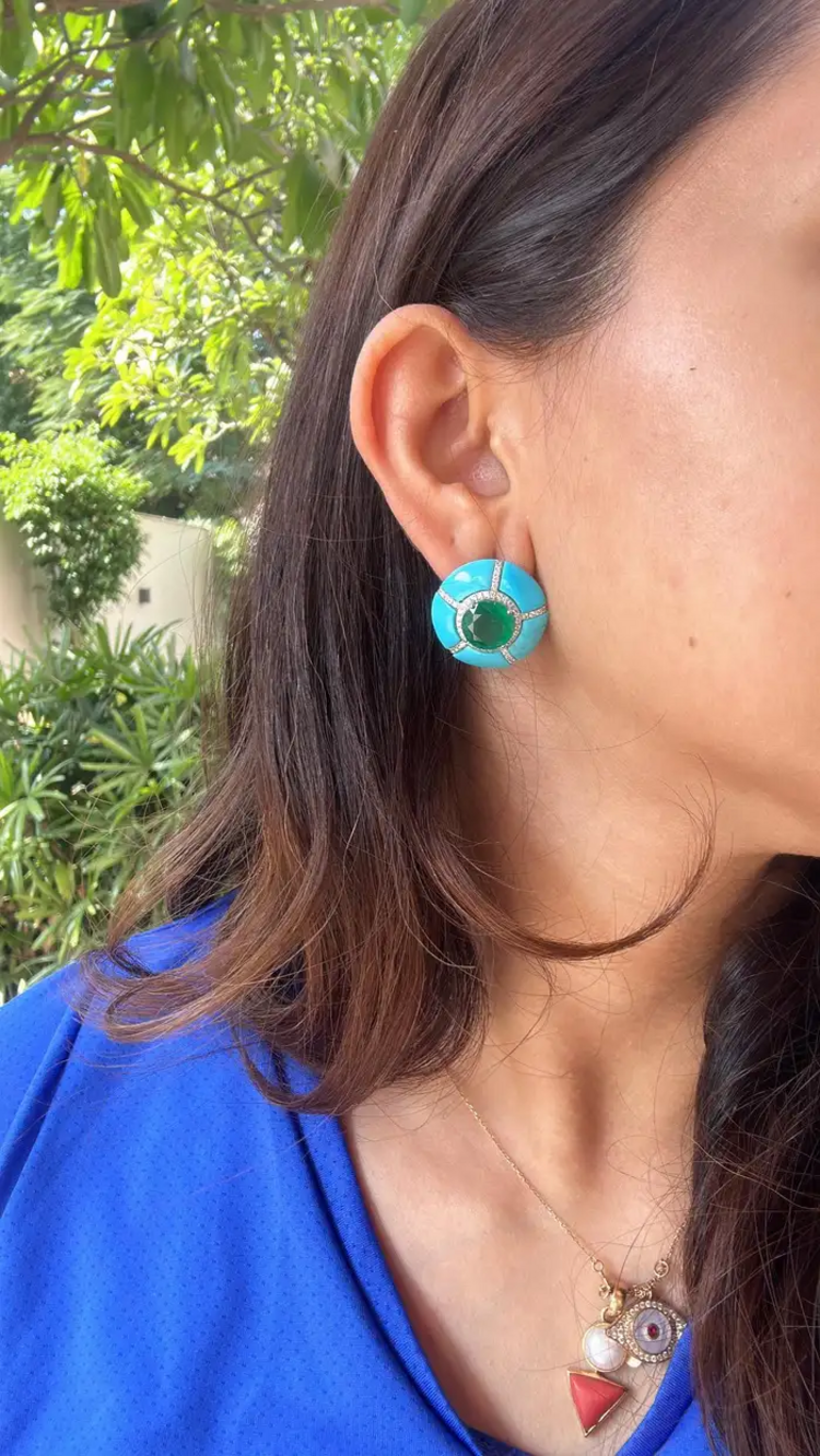 18k White Round Zambian Emerald Stud Earrings - Turquoise Gemstone & Diamond Women Jewelry