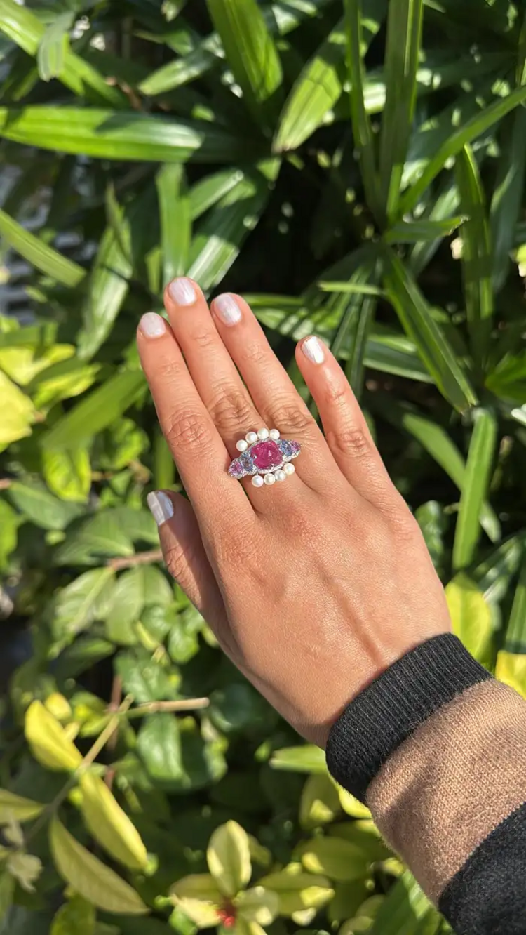 18k White Gold Tourmaline Gemstone Ring - Natural Diamond, Multi Sapphire & Fresh Water Pearl Ring