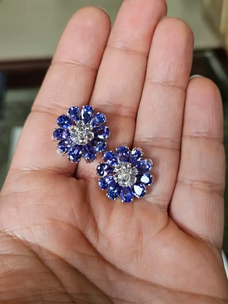 18k White Gold Diamond Stud Earrings - Natural Tanzanite & Rose Cut Diamonds Earrings