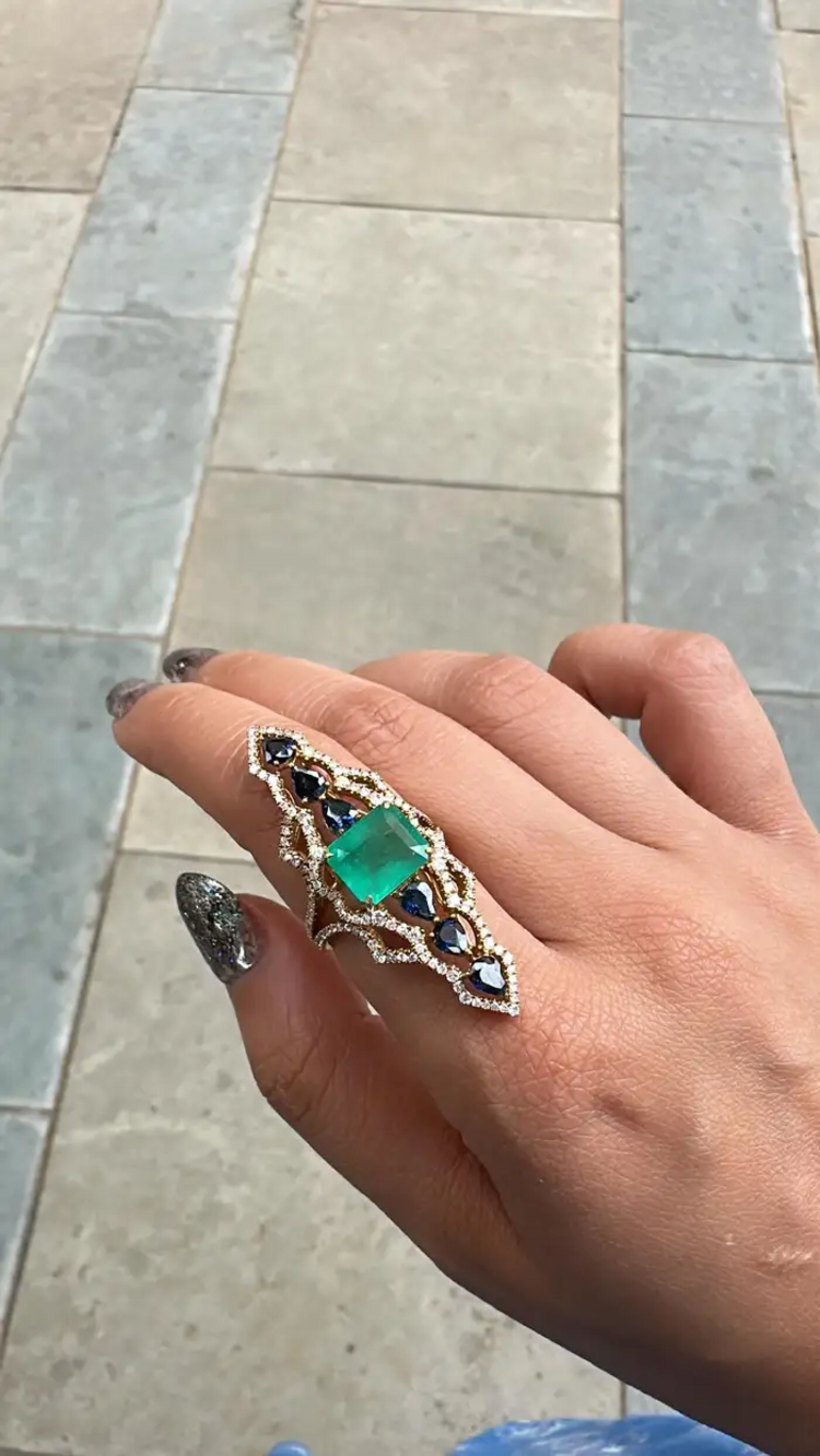 18k Yellow Gold Diamond Handmade Ring - Natural Colombian Emerald & Blue Sapphire Cocktail Ring