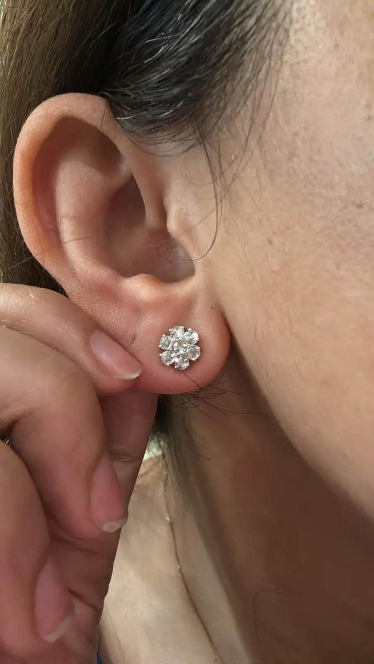 18k White Gold Diamond Stud Earrings - Natural Tanzanite & Rose Cut Diamonds Earrings